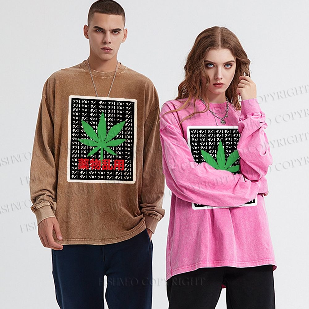 Unisex Casual Washed No Marijuana Printed Long Sleeve T-shirt