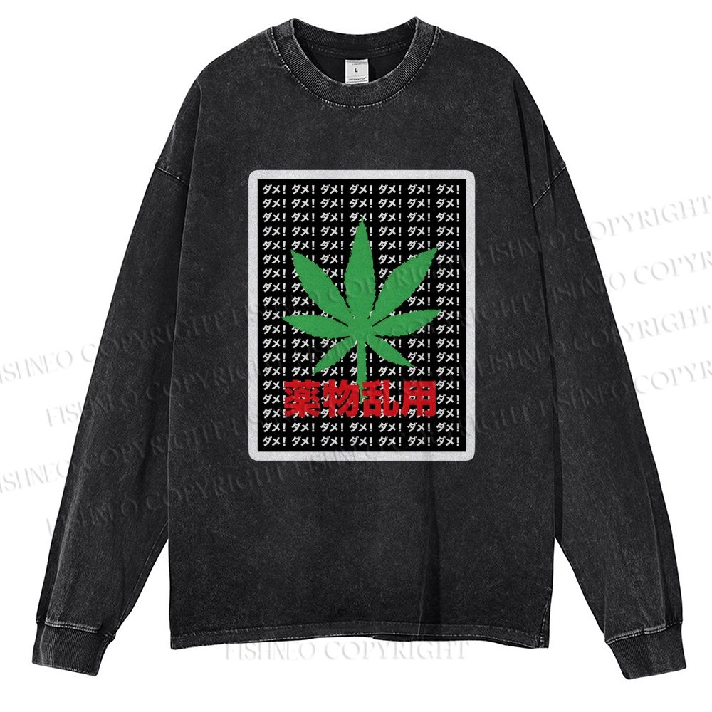 Unisex Casual Washed No Marijuana Printed Long Sleeve T-shirt