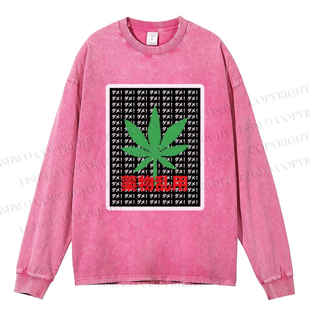 Unisex Casual Washed No Marijuana Printed Long Sleeve T-shirt