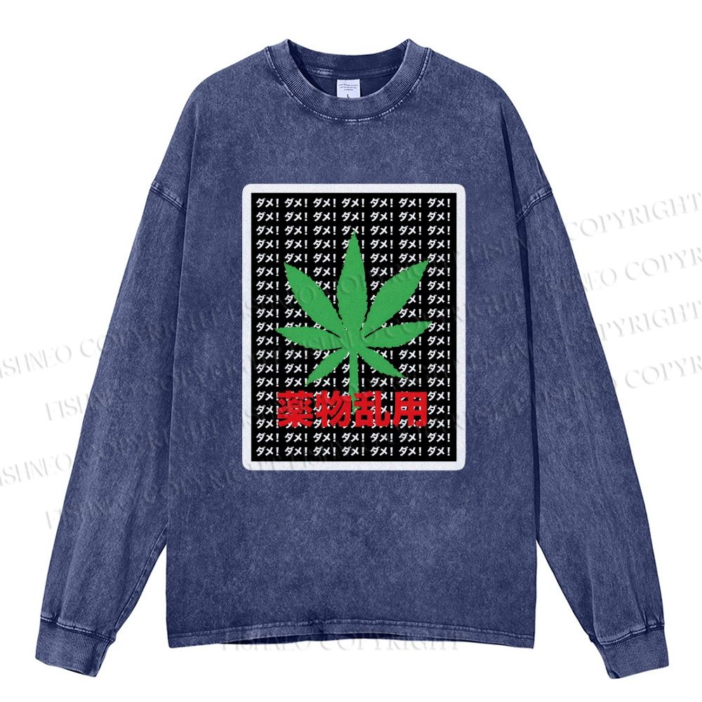 Unisex Casual Washed No Marijuana Printed Long Sleeve T-shirt