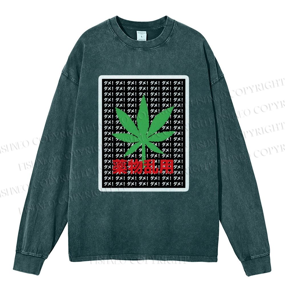 Unisex Casual Washed No Marijuana Printed Long Sleeve T-shirt