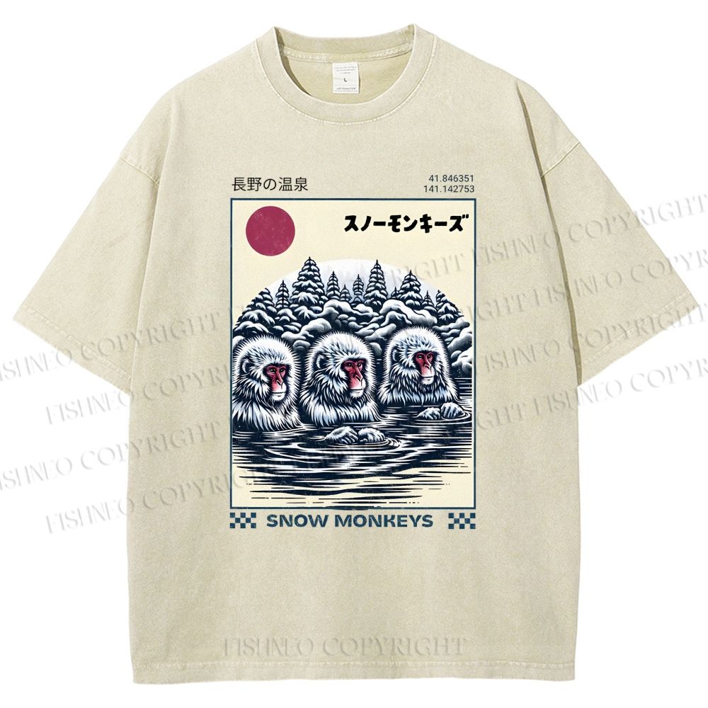 Unisex Hot Spring Monkey Printed Washed Tee
