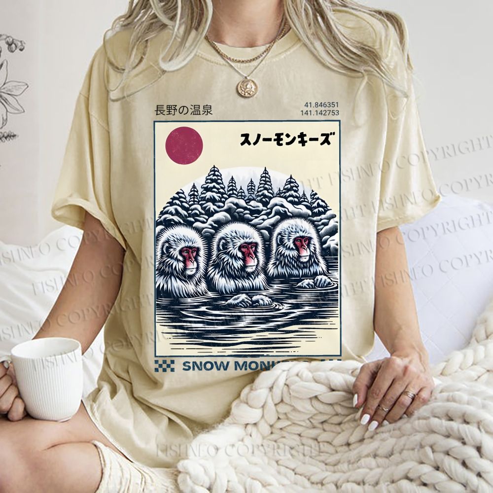 Unisex Hot Spring Monkey Printed Washed Tee