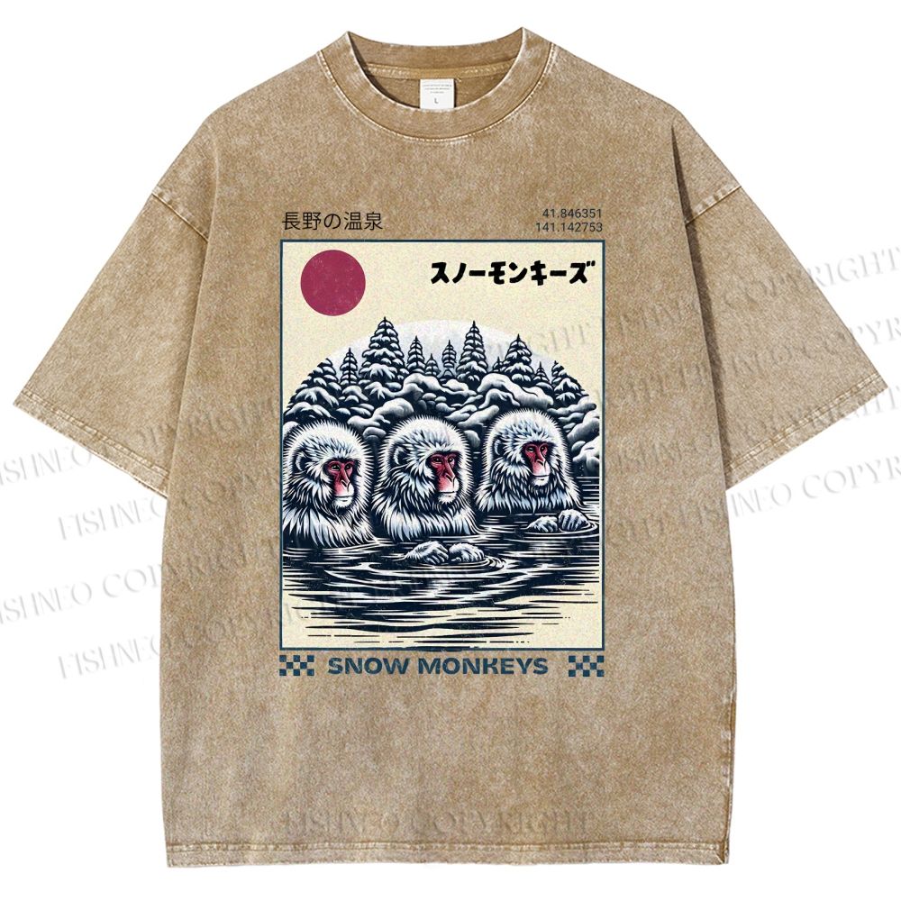 Unisex Hot Spring Monkey Printed Washed Tee