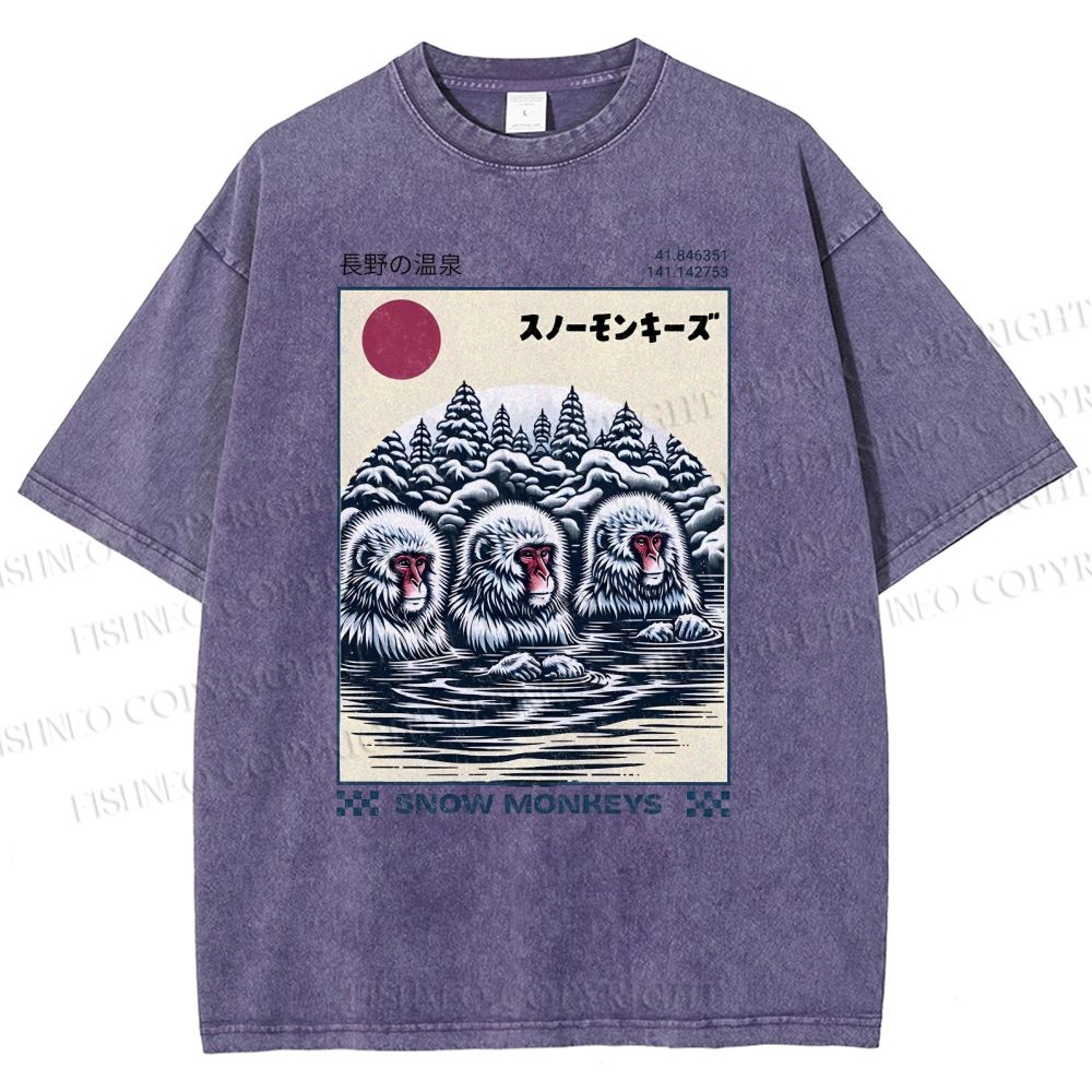 Unisex Hot Spring Monkey Printed Washed Tee