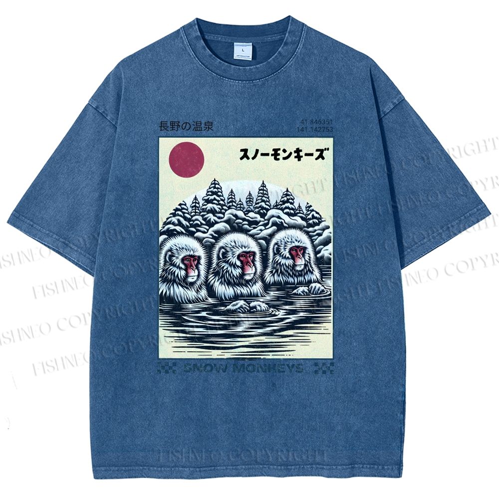 Unisex Hot Spring Monkey Printed Washed Tee