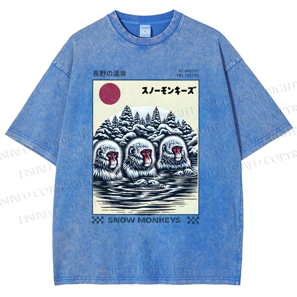 Unisex Hot Spring Monkey Printed Washed Tee