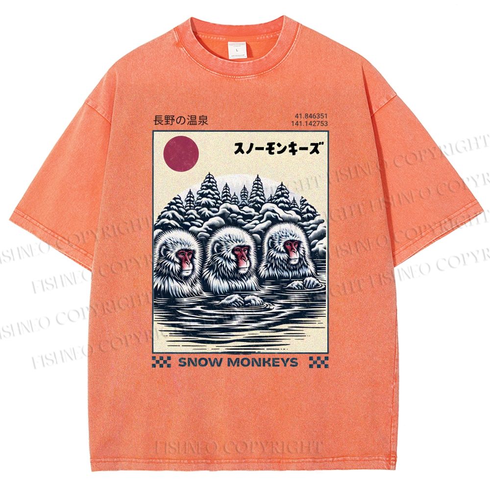 Unisex Hot Spring Monkey Printed Washed Tee