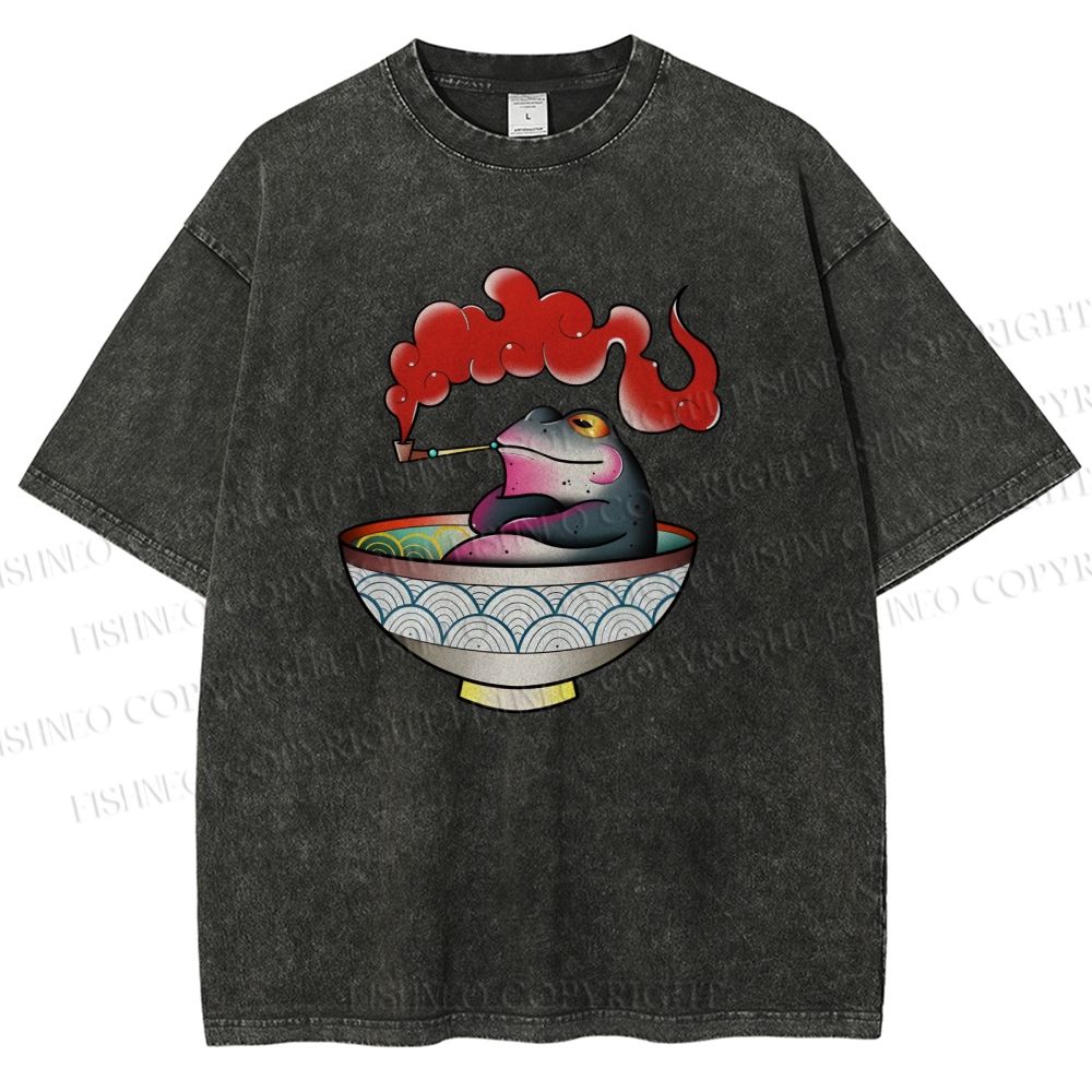 Unisex Smoking Frog Printed Washed Tee