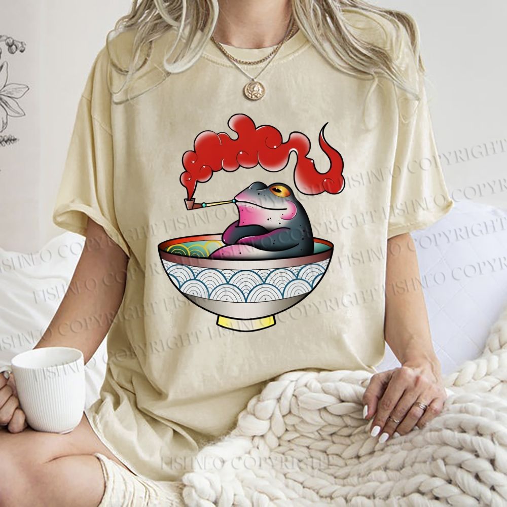 Unisex Smoking Frog Printed Washed Tee