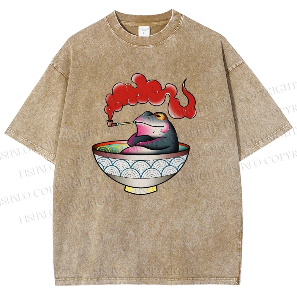 Unisex Smoking Frog Printed Washed Tee