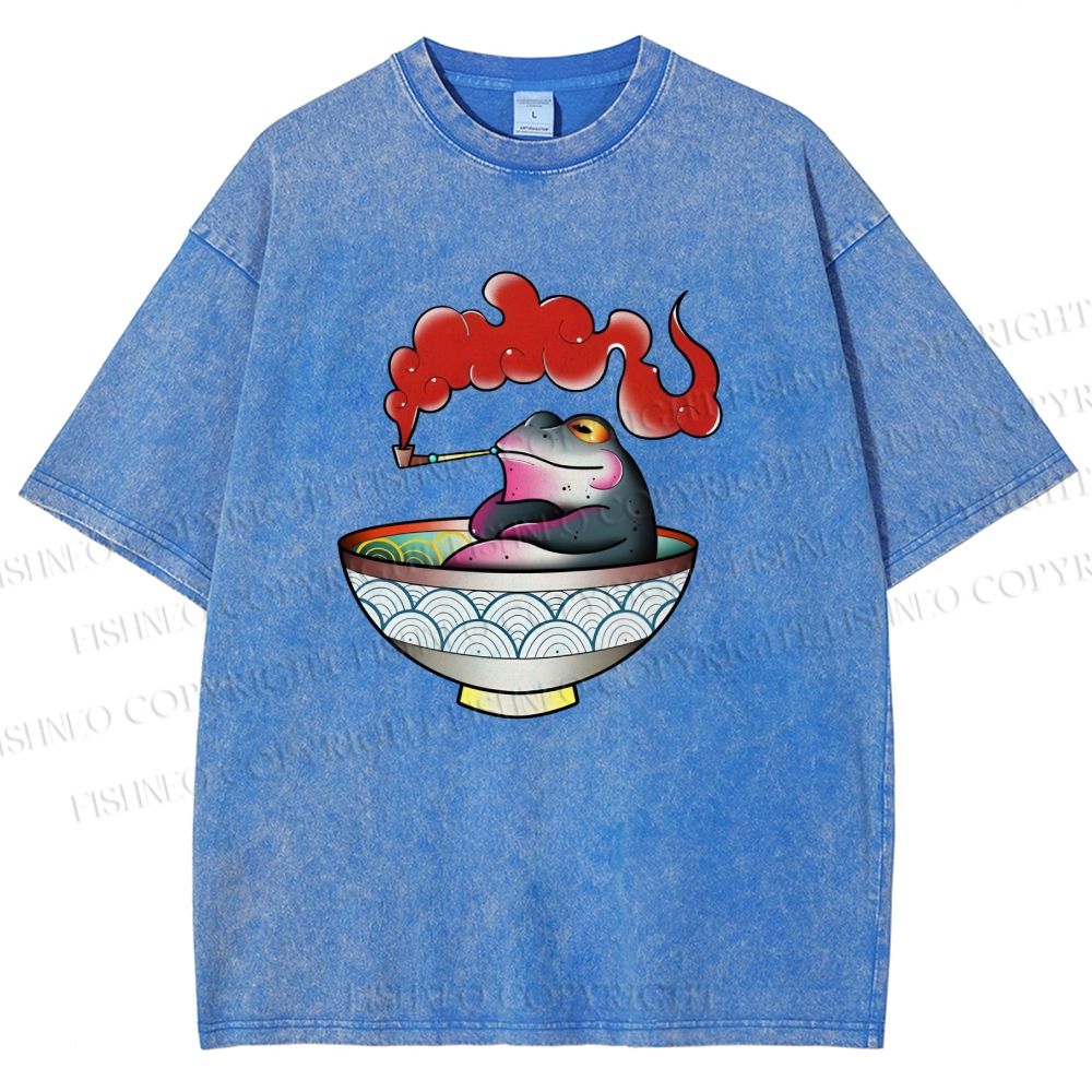 Unisex Smoking Frog Printed Washed Tee