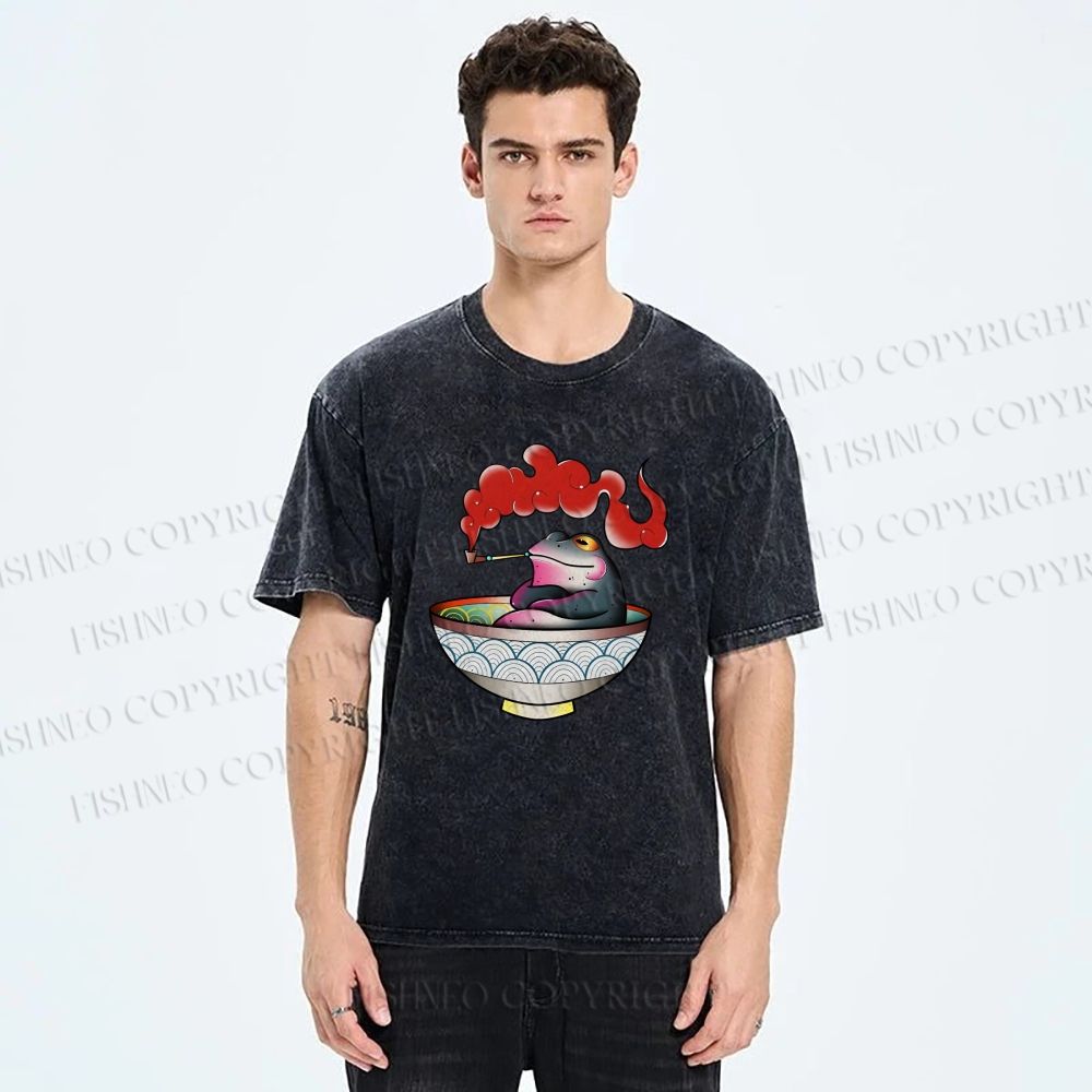 Unisex Smoking Frog Printed Washed Tee