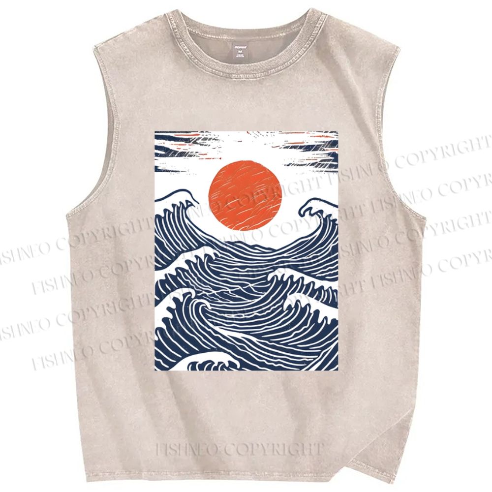 Unisex Sunrise Over The Waves Printed Washed Tank Top