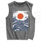 Unisex Sunrise Over The Waves Printed Washed Tank Top