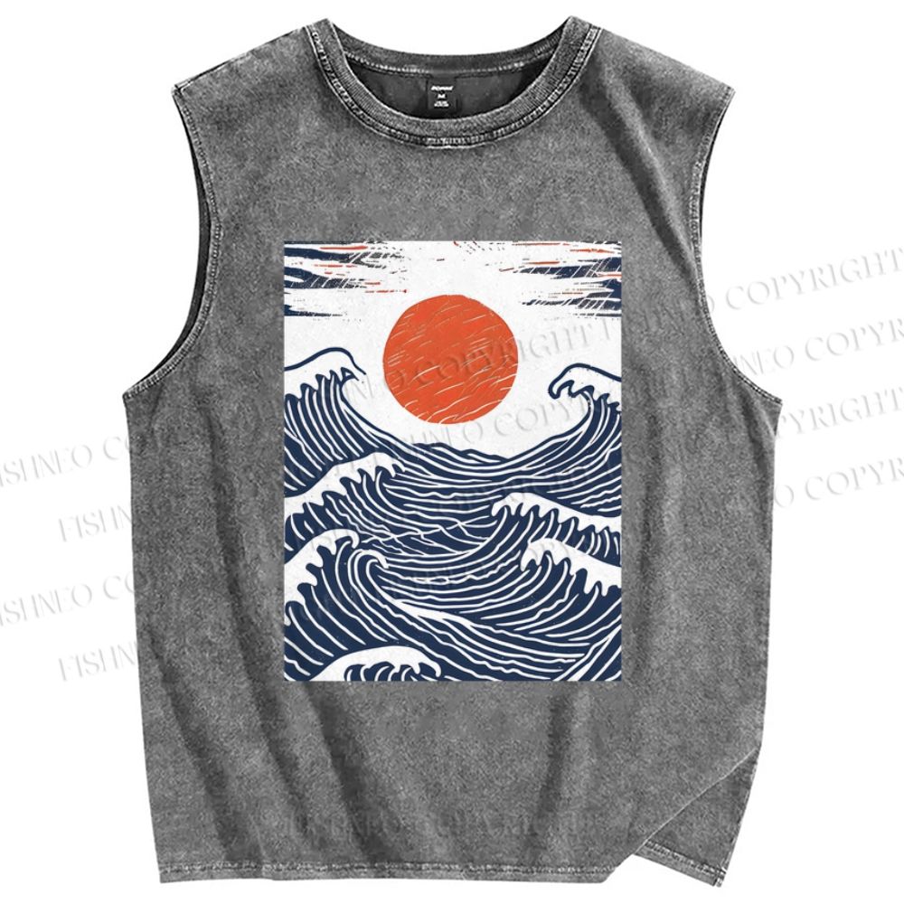 Unisex Sunrise Over The Waves Printed Washed Tank Top