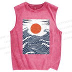 Unisex Sunrise Over The Waves Printed Washed Tank Top