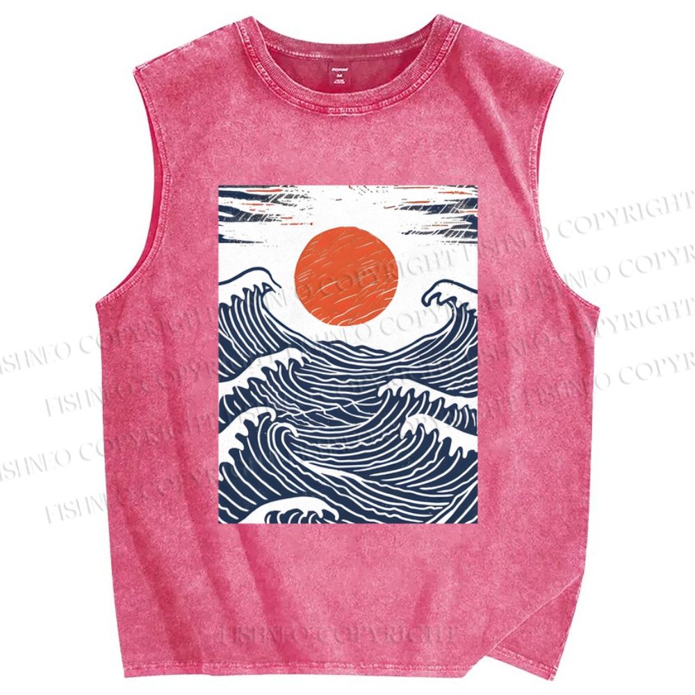 Unisex Sunrise Over The Waves Printed Washed Tank Top