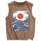 Unisex Sunrise Over The Waves Printed Washed Tank Top