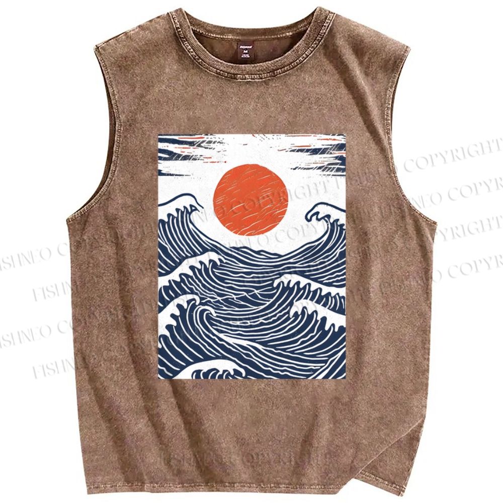 Unisex Sunrise Over The Waves Printed Washed Tank Top