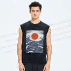 Unisex Sunrise Over The Waves Printed Washed Tank Top