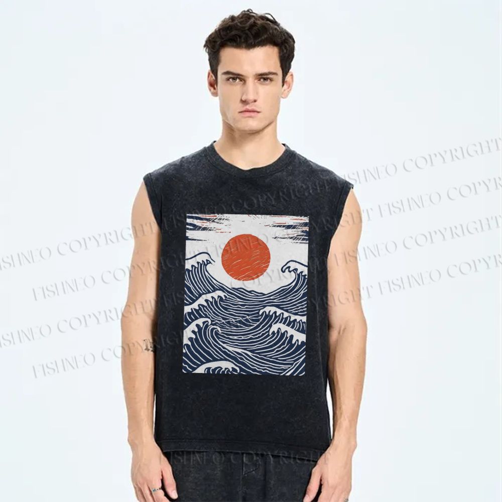 Unisex Sunrise Over The Waves Printed Washed Tank Top