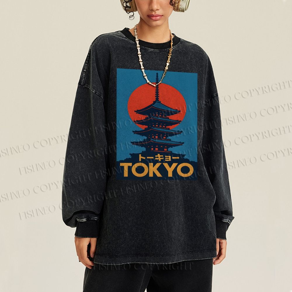 Unisex Casual Washed Tokyo Printed Long Sleeve T-shirt