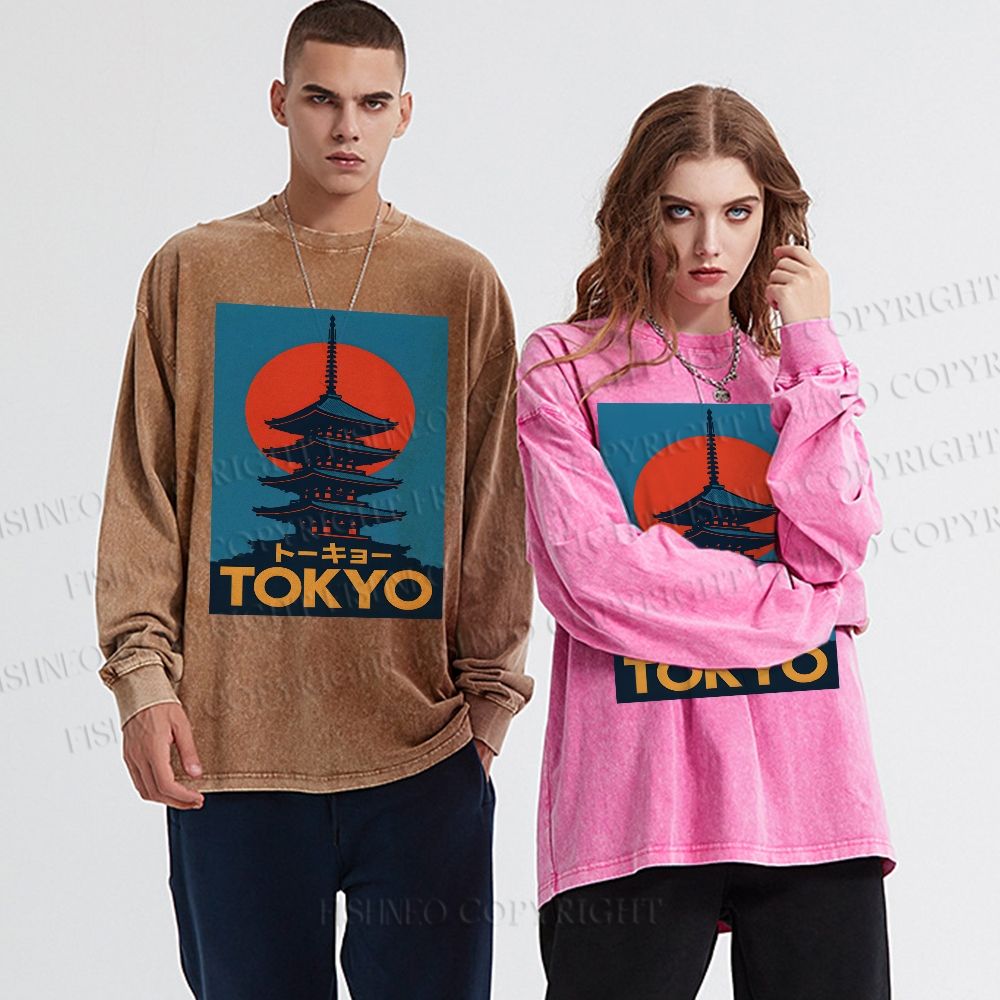 Unisex Casual Washed Tokyo Printed Long Sleeve T-shirt