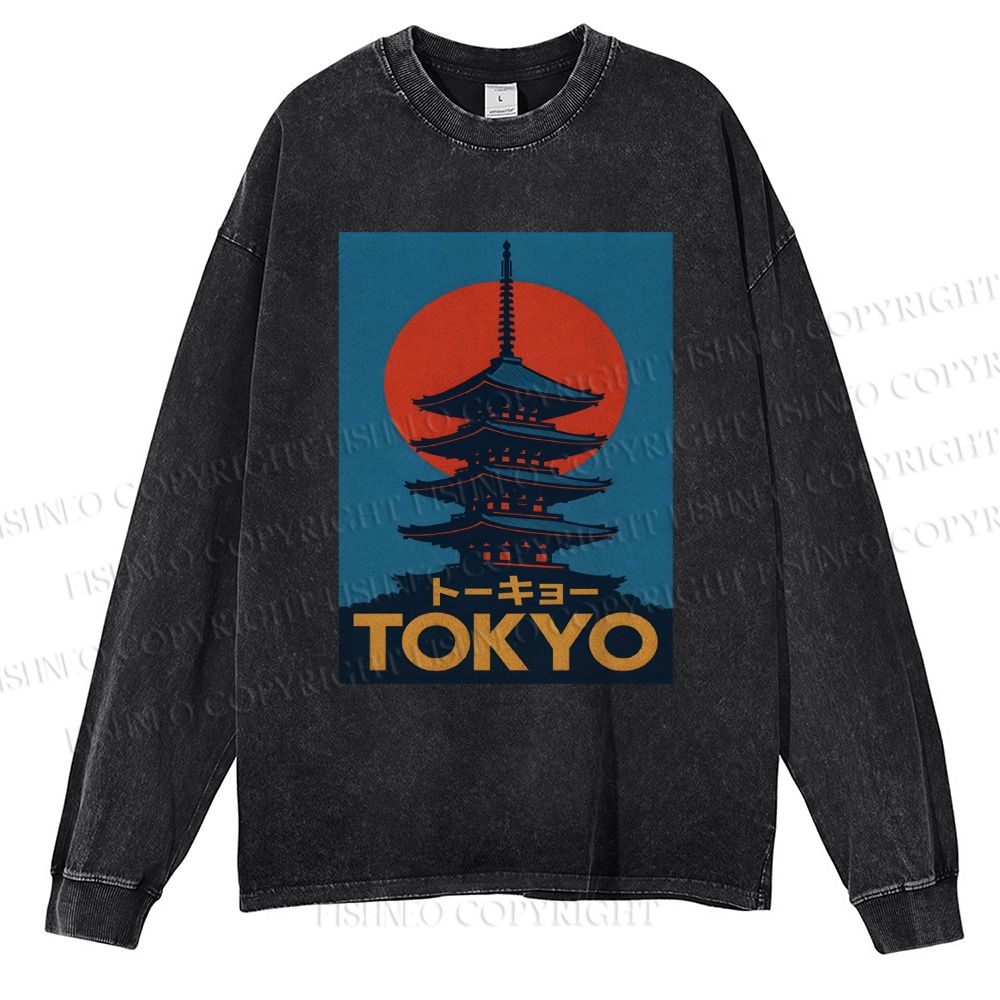 Unisex Casual Washed Tokyo Printed Long Sleeve T-shirt