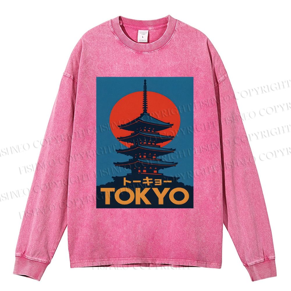 Unisex Casual Washed Tokyo Printed Long Sleeve T-shirt