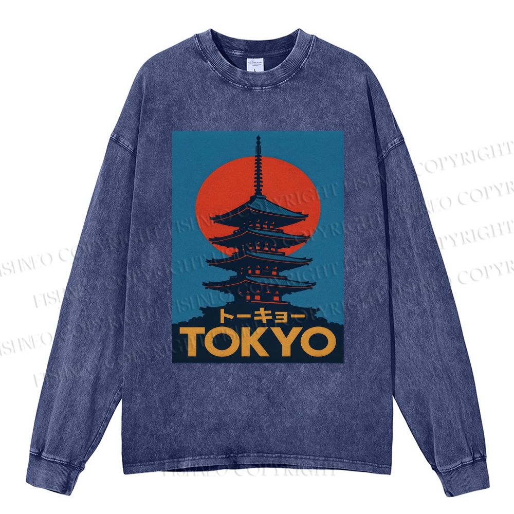 Unisex Casual Washed Tokyo Printed Long Sleeve T-shirt