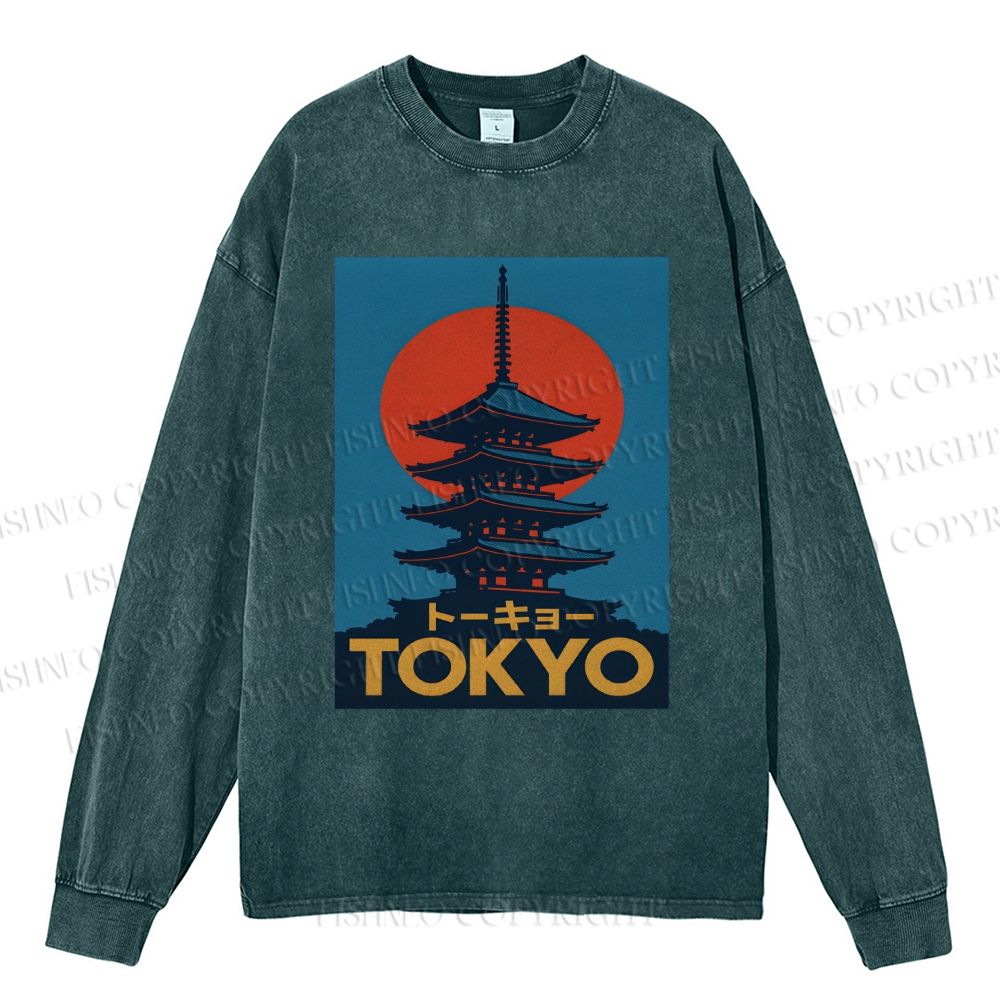 Unisex Casual Washed Tokyo Printed Long Sleeve T-shirt