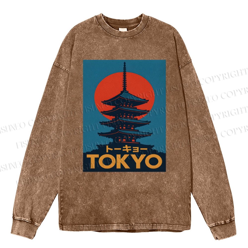 Unisex Casual Washed Tokyo Printed Long Sleeve T-shirt