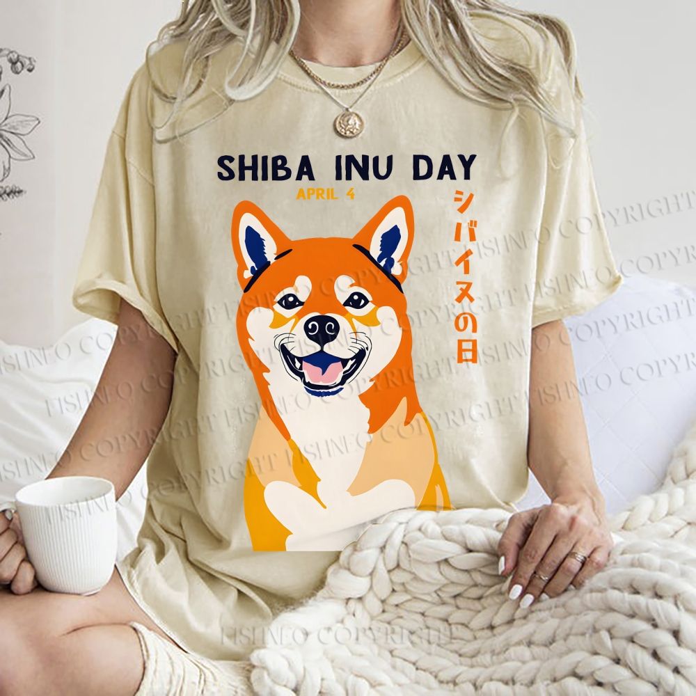 Unisex Shiba Inu Day Printed Washed Tee