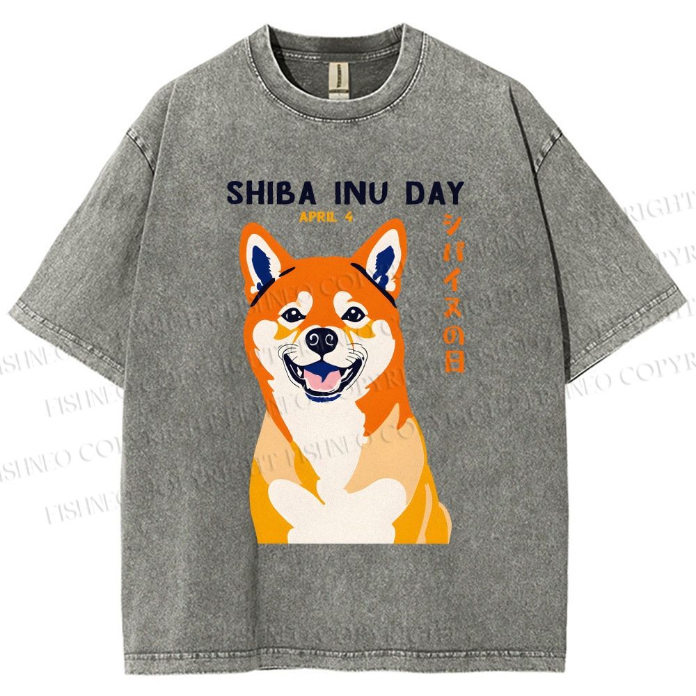 Unisex Shiba Inu Day Printed Washed Tee