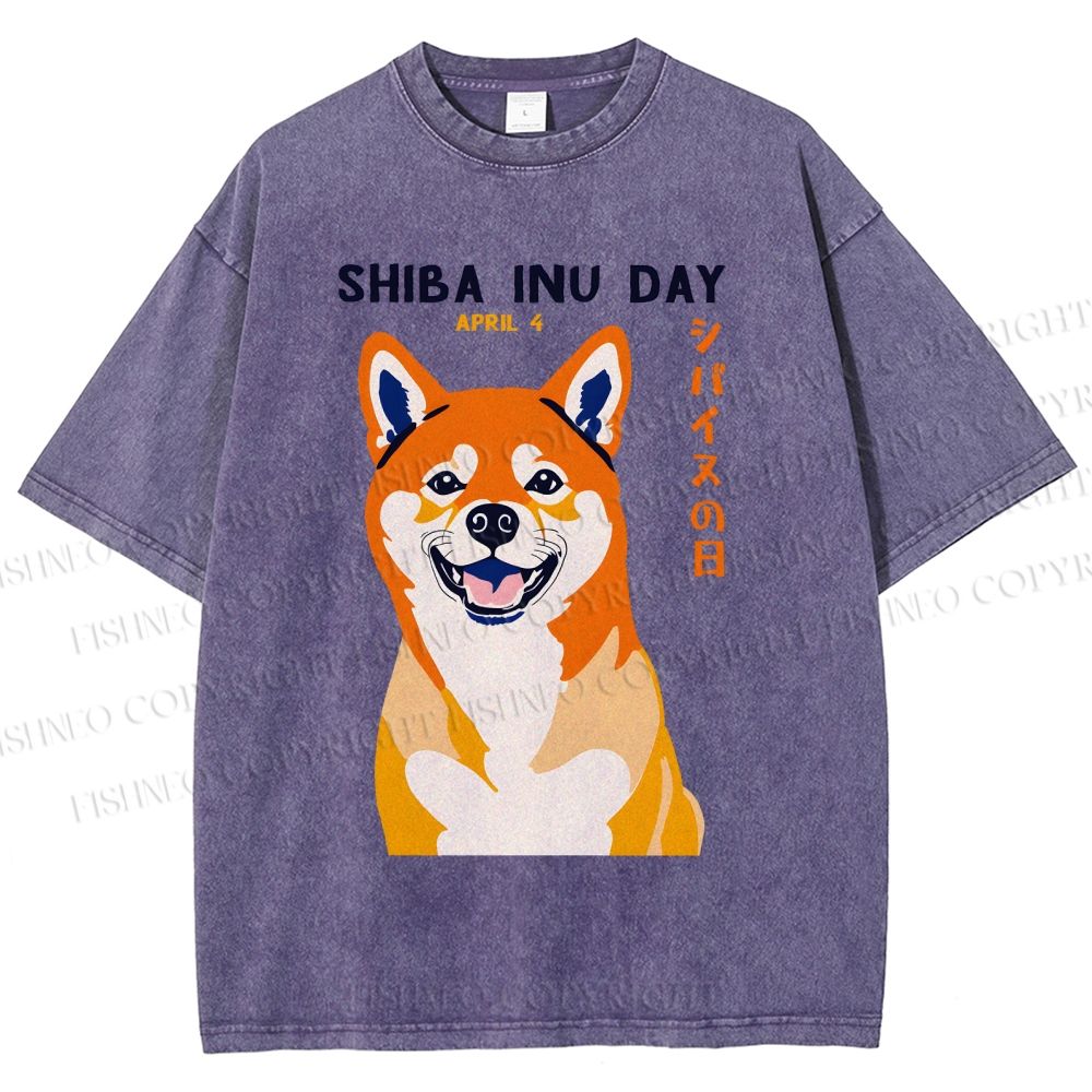 Unisex Shiba Inu Day Printed Washed Tee