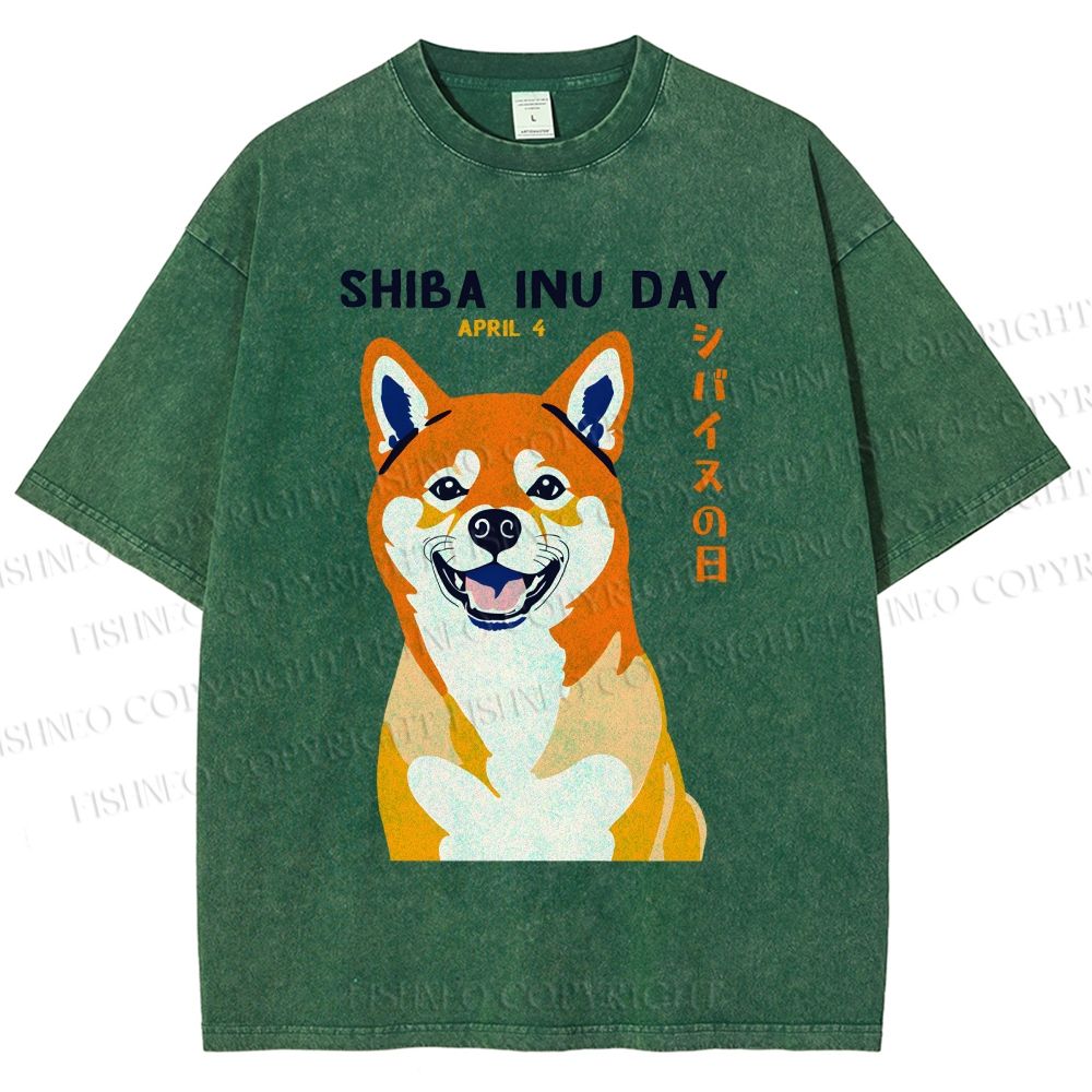 Unisex Shiba Inu Day Printed Washed Tee