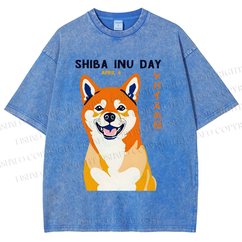 Unisex Shiba Inu Day Printed Washed Tee