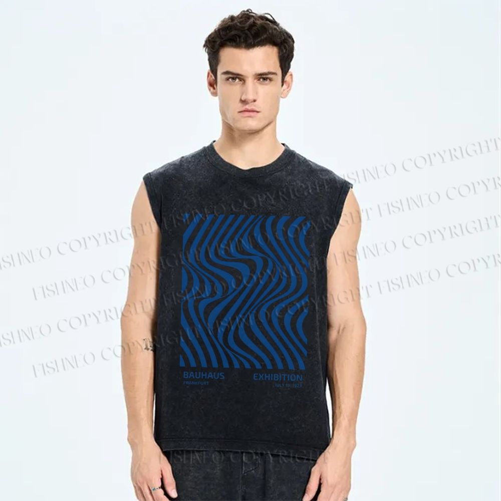 Unisex Geometric Waves Printed Washed Tank Top