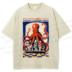 Unisex Chessboard Octopus Printed Washed Tee