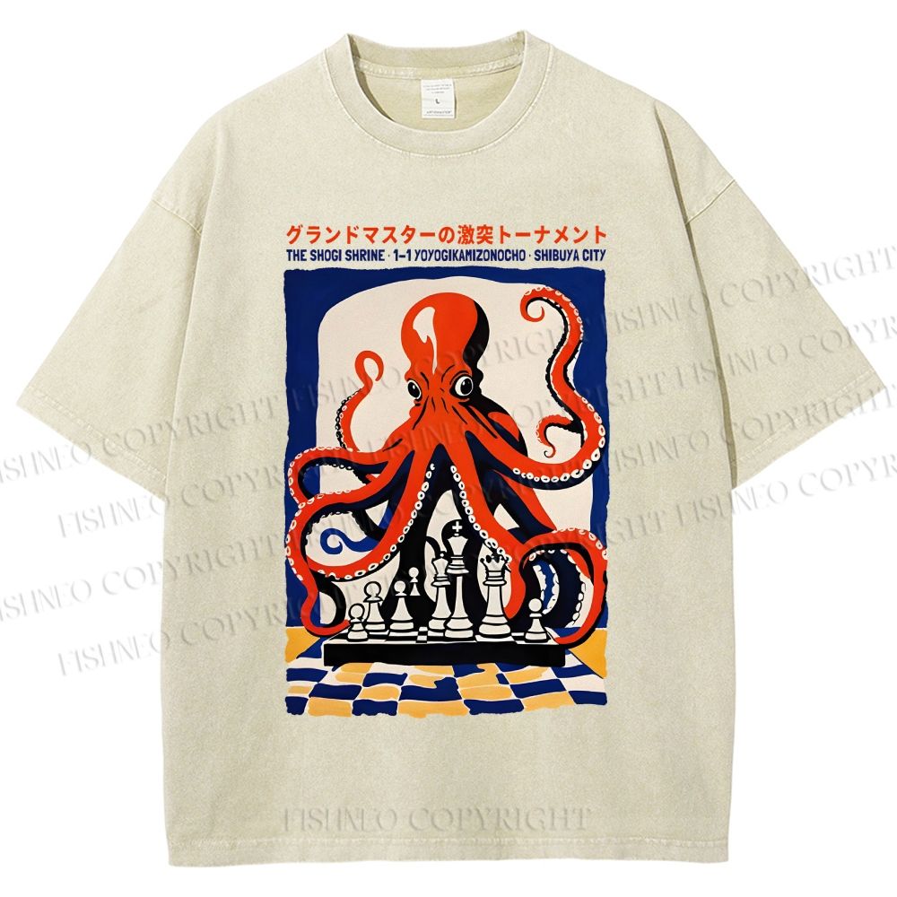 Unisex Chessboard Octopus Printed Washed Tee