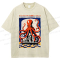 Unisex Chessboard Octopus Printed Washed Tee