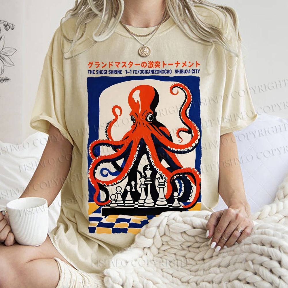 Unisex Chessboard Octopus Printed Washed Tee