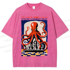 Unisex Chessboard Octopus Printed Washed Tee