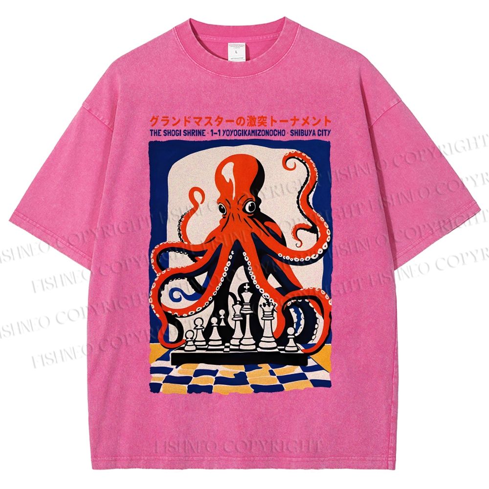 Unisex Chessboard Octopus Printed Washed Tee