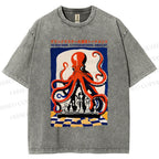 Unisex Chessboard Octopus Printed Washed Tee