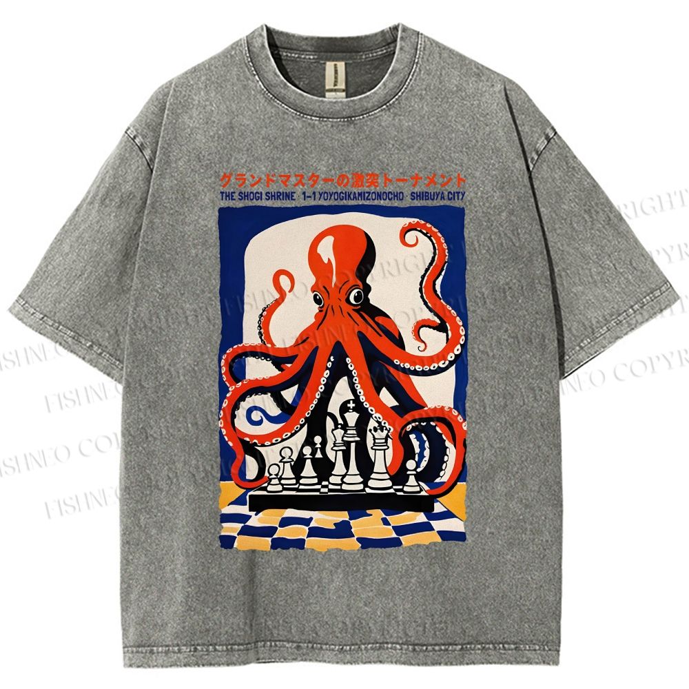 Unisex Chessboard Octopus Printed Washed Tee