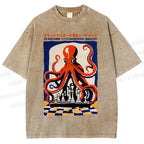 Unisex Chessboard Octopus Printed Washed Tee