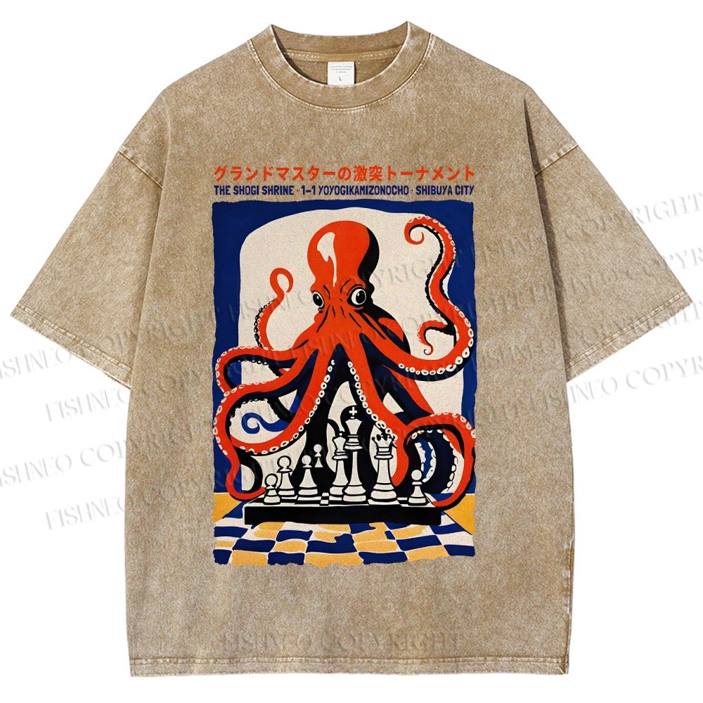 Unisex Chessboard Octopus Printed Washed Tee