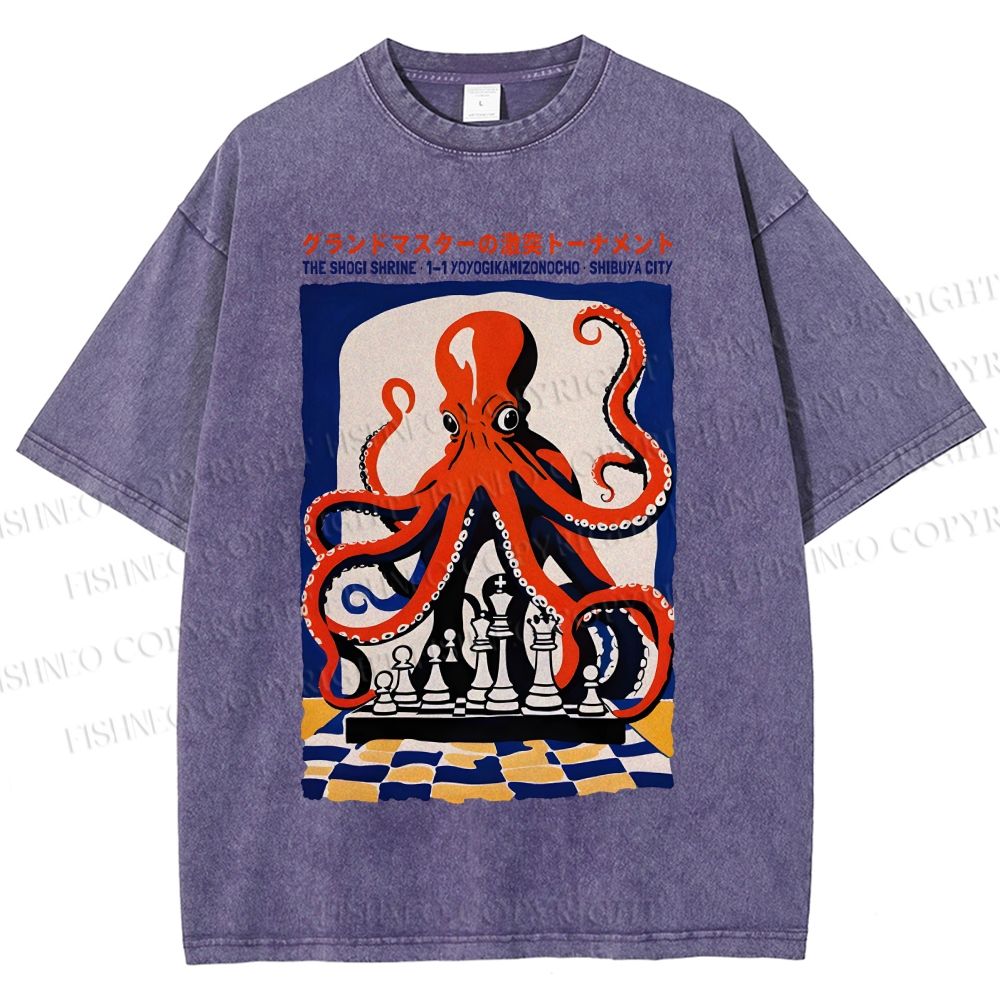 Unisex Chessboard Octopus Printed Washed Tee